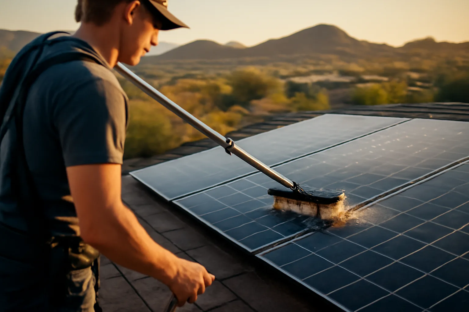 Worker washing rooftop solar panels with a soft brush at sunset