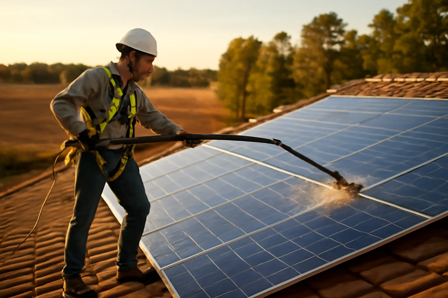 Worker in harness cleaning solar panels with water-fed pole on Alabama roof