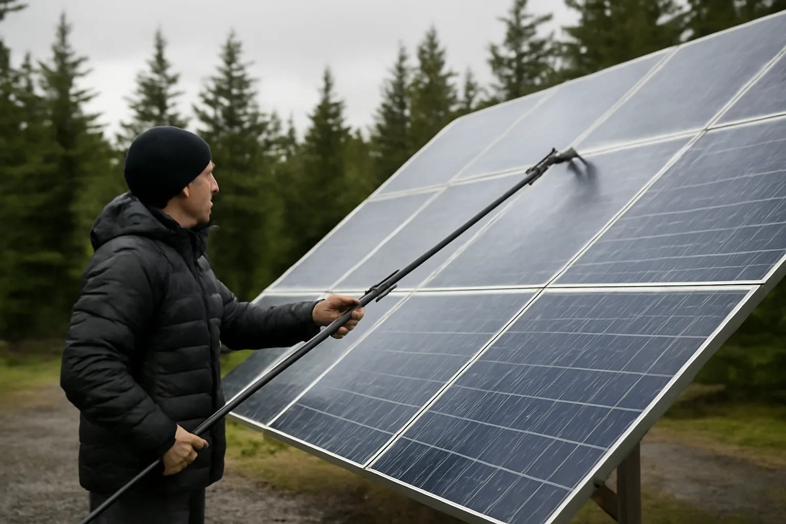 Worker cleaning snow-free solar panels with DI water pole in an Alaskan yard