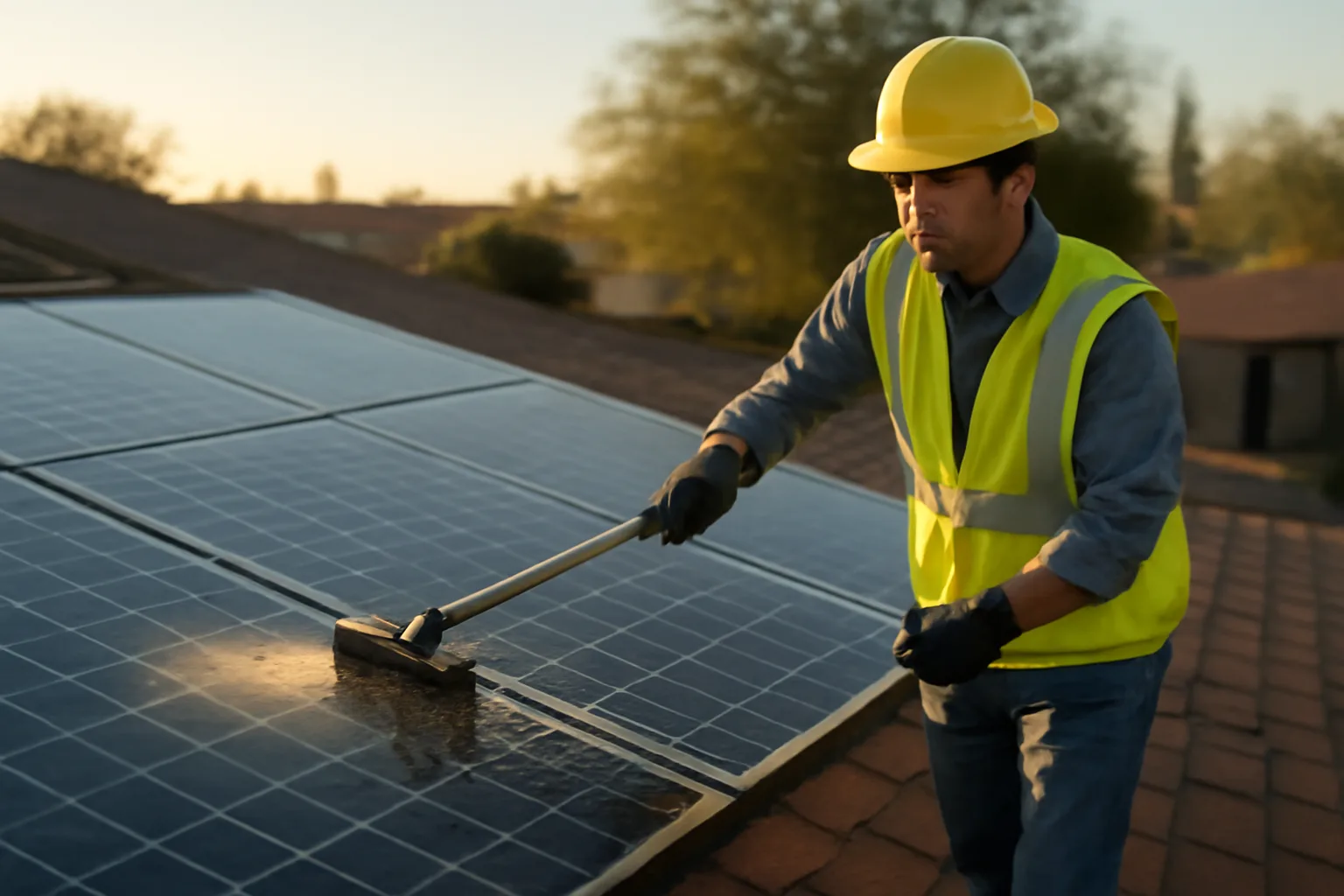Worker cleaning solar panels on an Arizona roof with a DI water brush