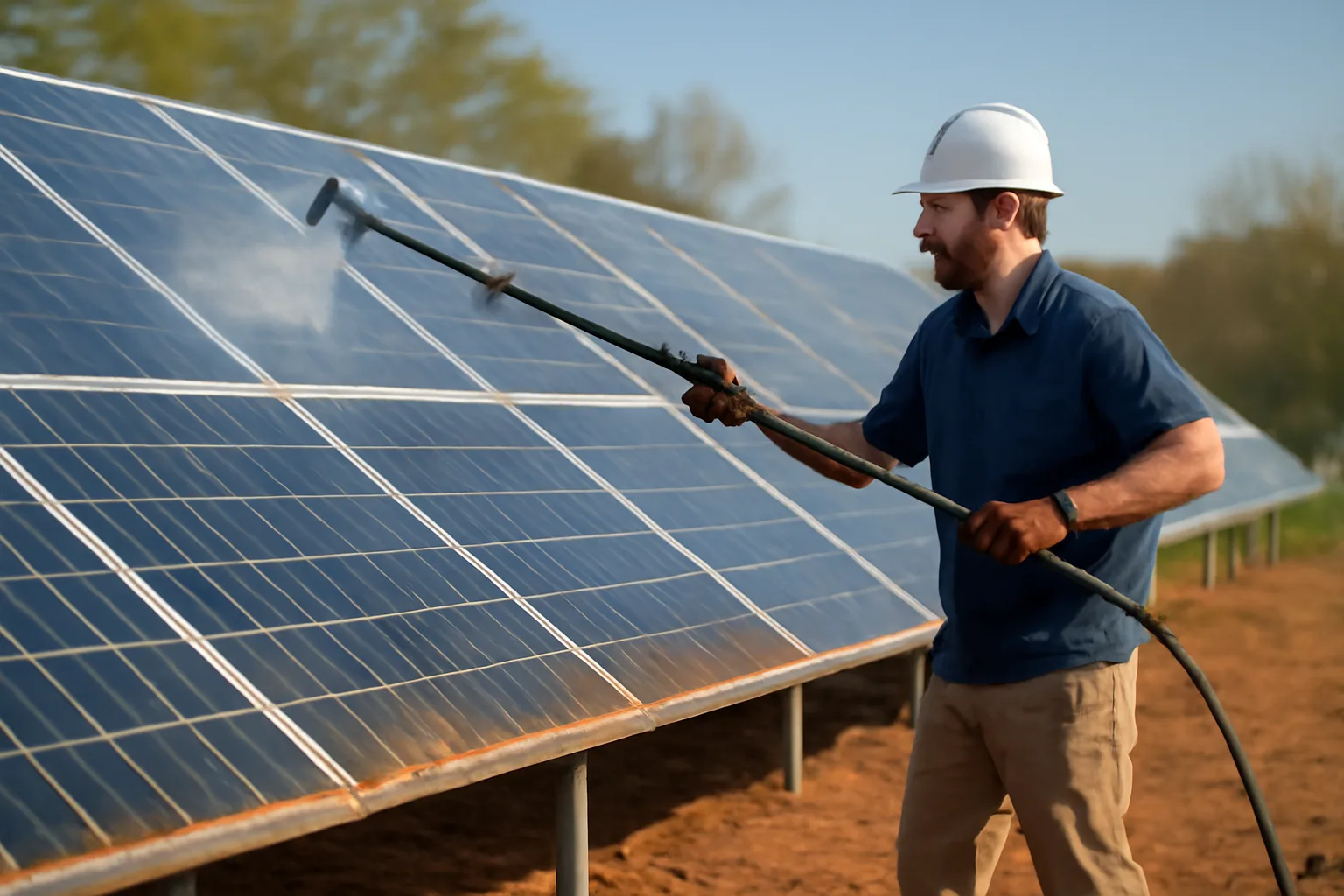 solar panel cleaner using water-fed pole on ground-mount residential array in Arkansas