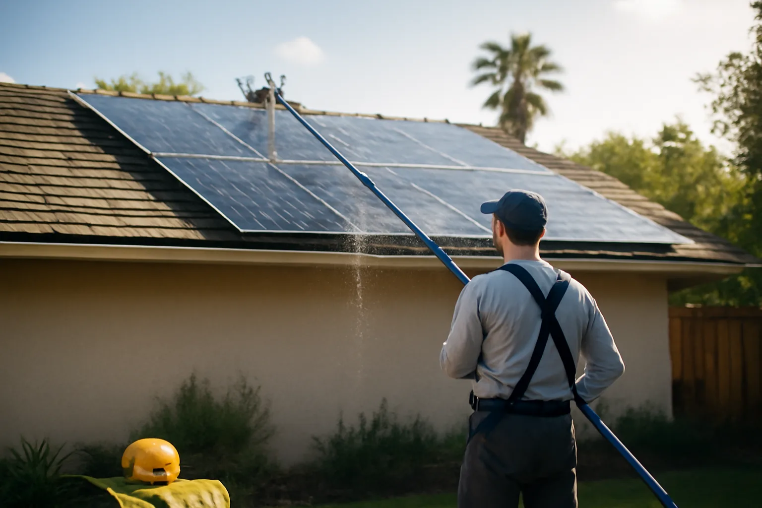 Solar panel cleaning worker rinsing roof panels in California backyard