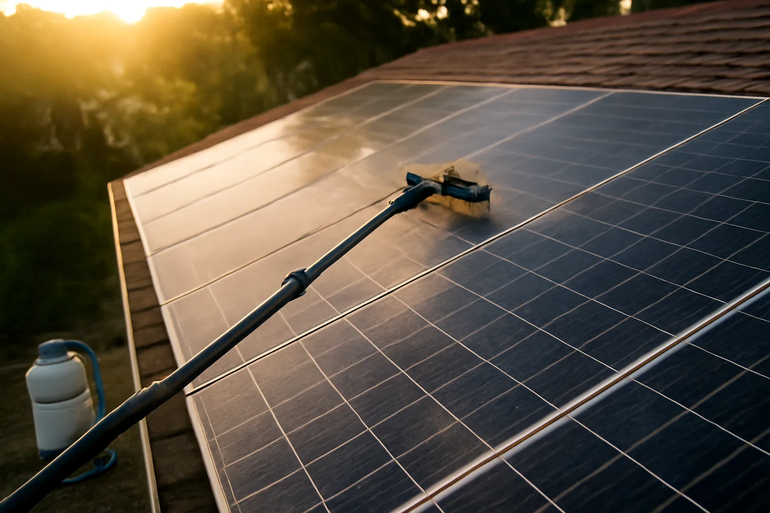 Water-fed pole cleaning solar panels on a Florida roof