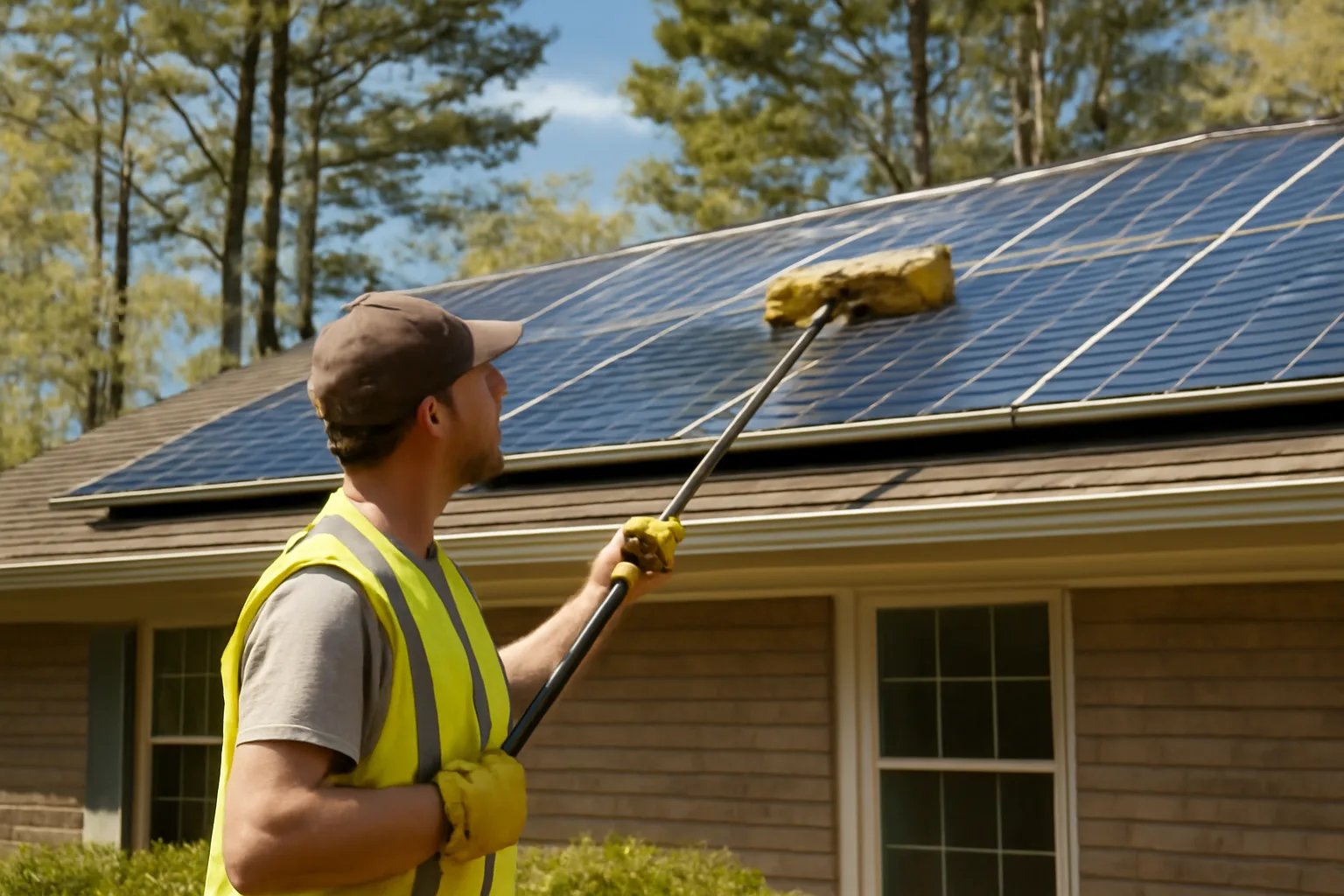 Worker cleaning pollen from roof solar panels at a Georgia home