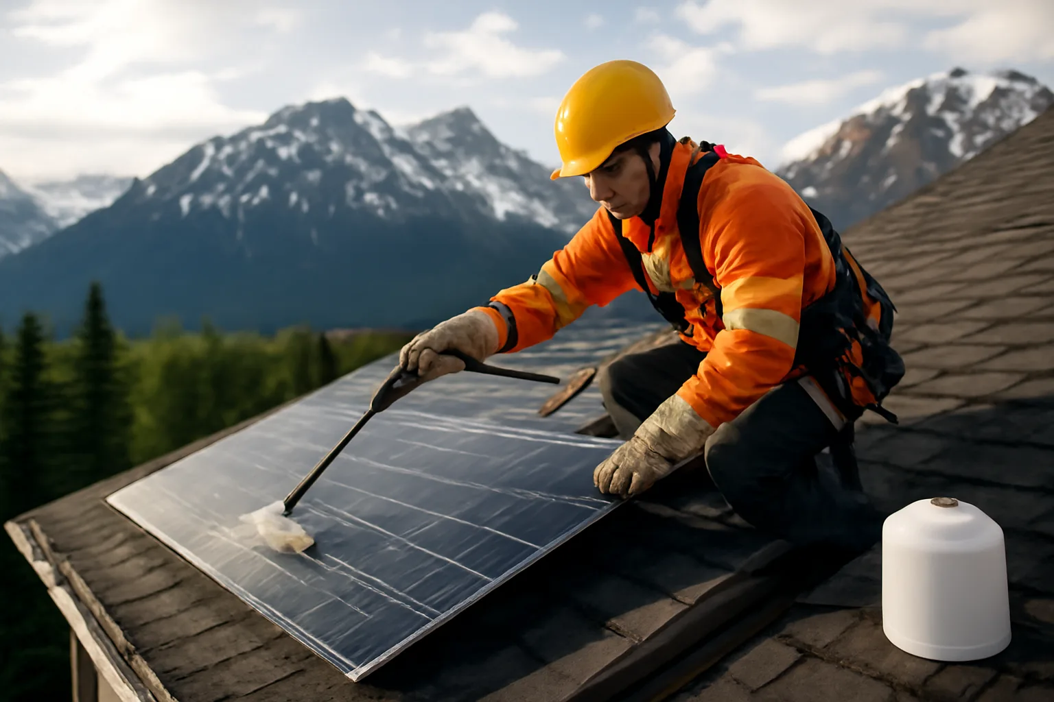 Worker cleaning a solar panel on an Alaska roof in late spring light