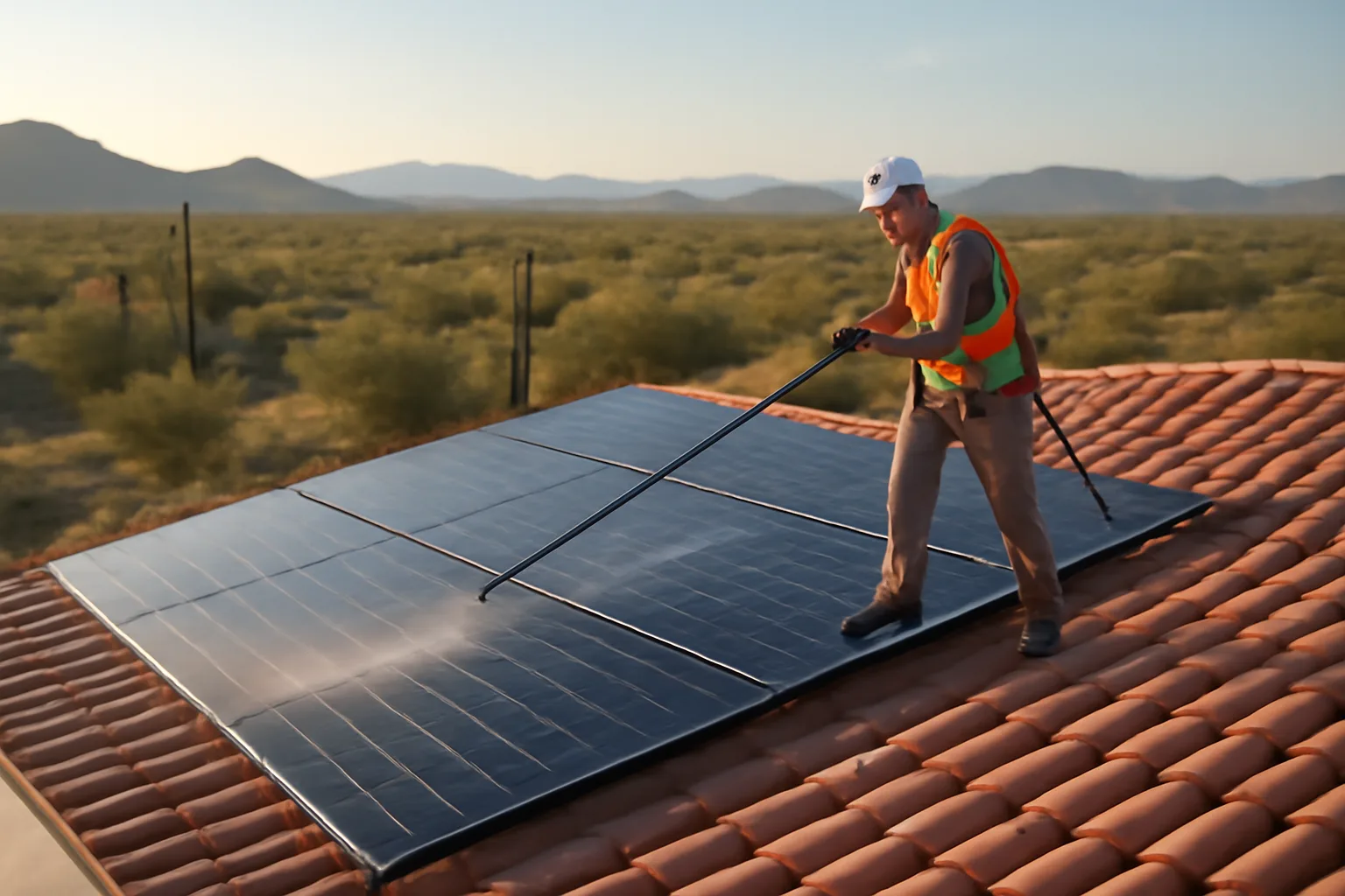 Solar panel cleaning technician on Arizona tile roof using deionized water pole