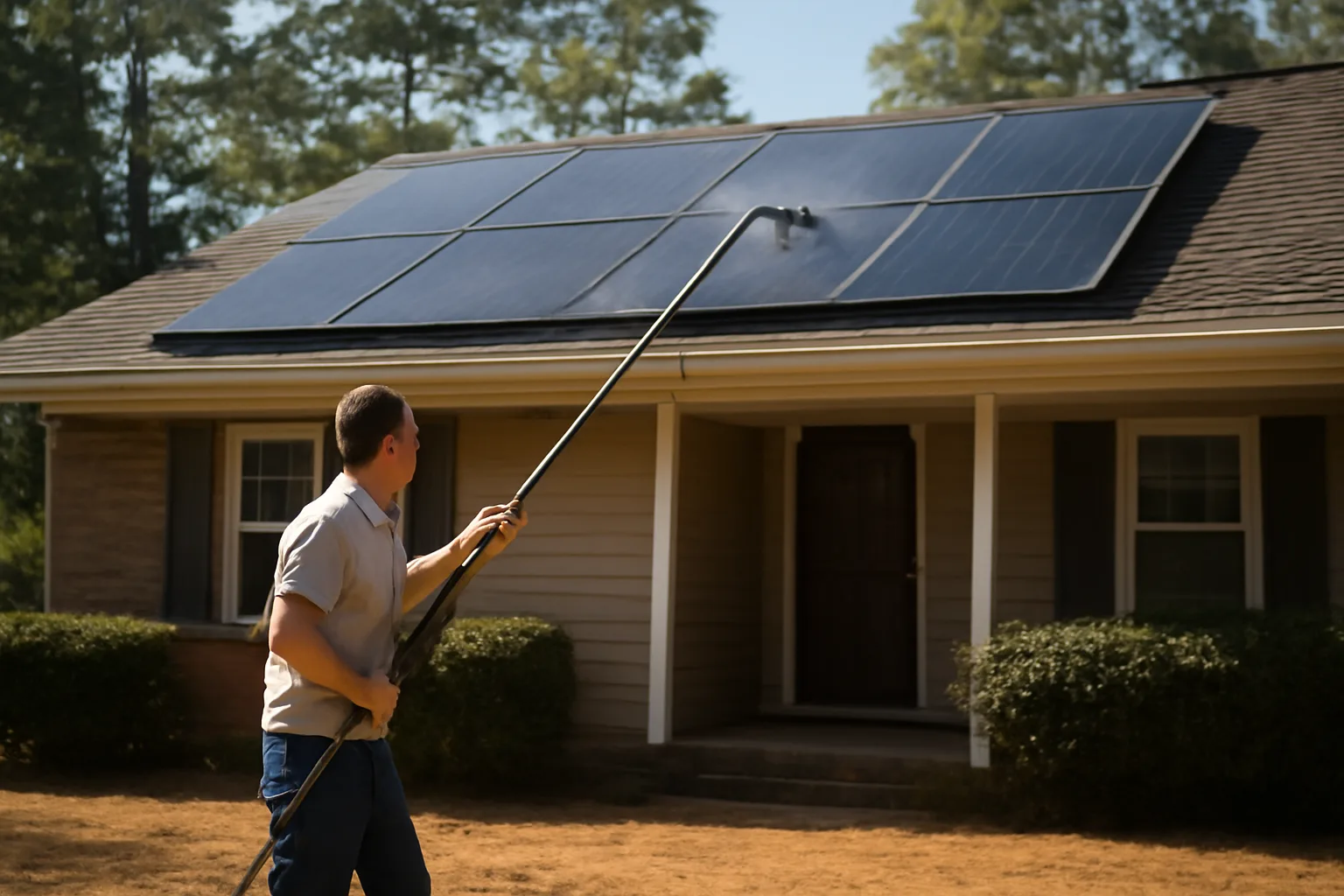 Person cleaning solar panels with a water-fed pole on an Arkansas home.