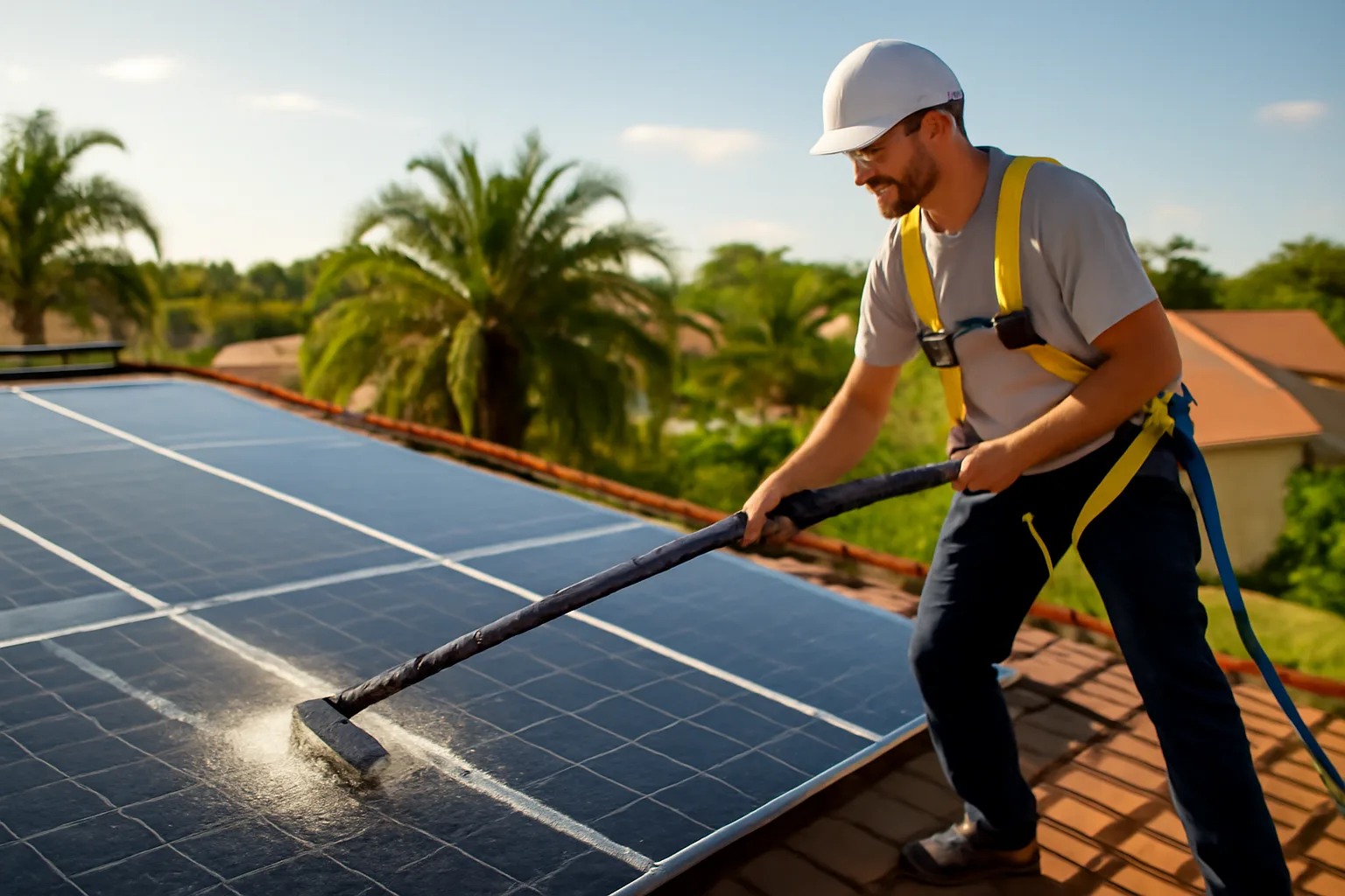 Solar panel cleaner on Florida roof with DI water-fed pole