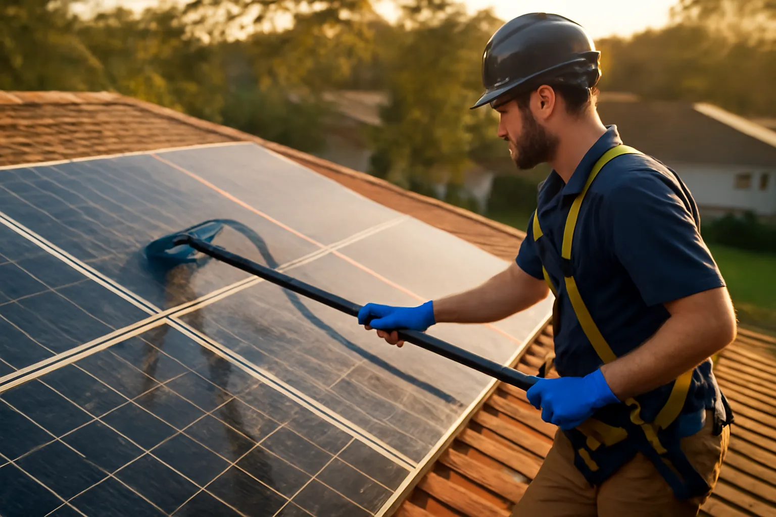 Technician cleans dusty solar panels on an Alabama roof with a water-fed pole