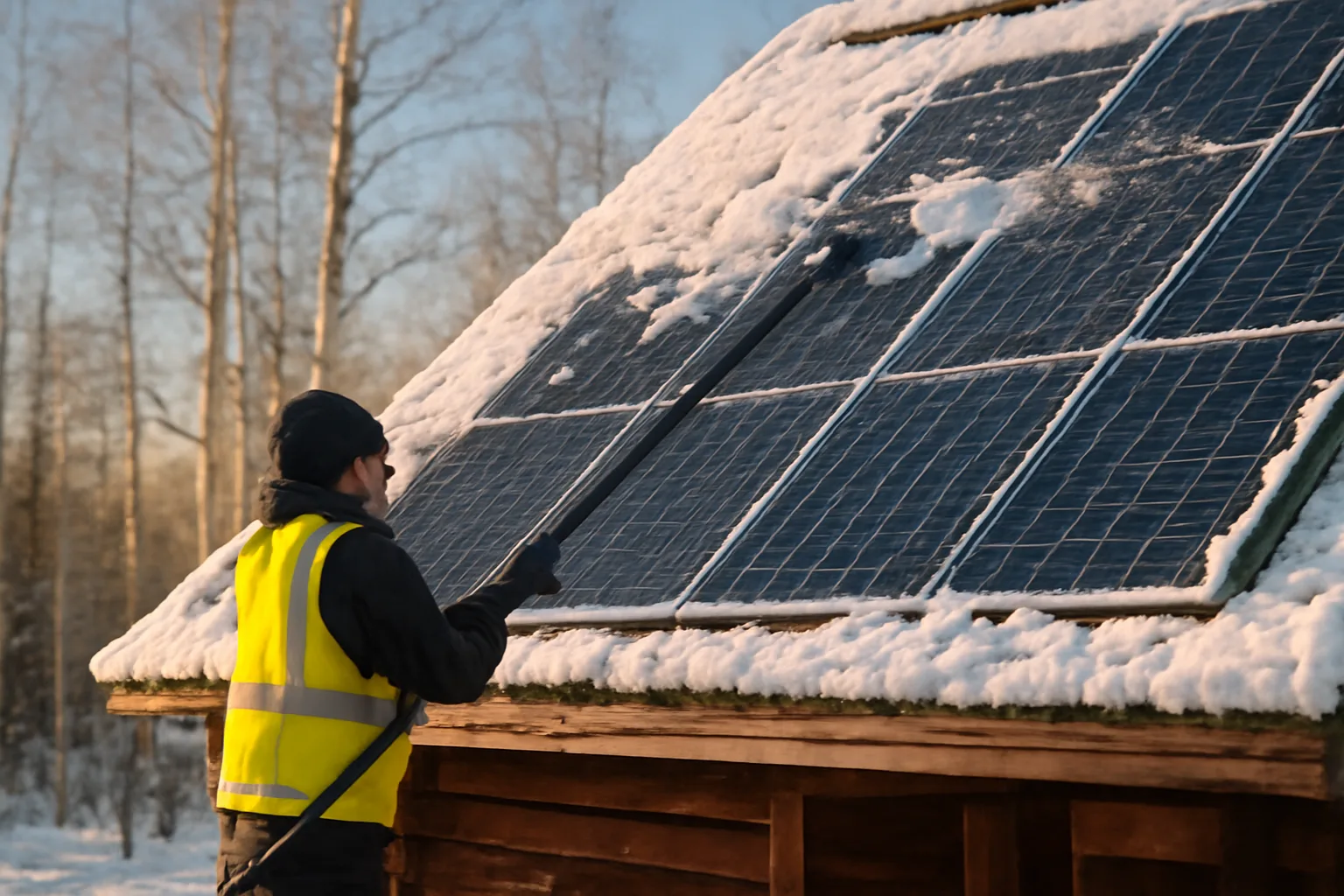 Person cleaning snow-dusted solar panels with water-fed pole near Fairbanks cabins.