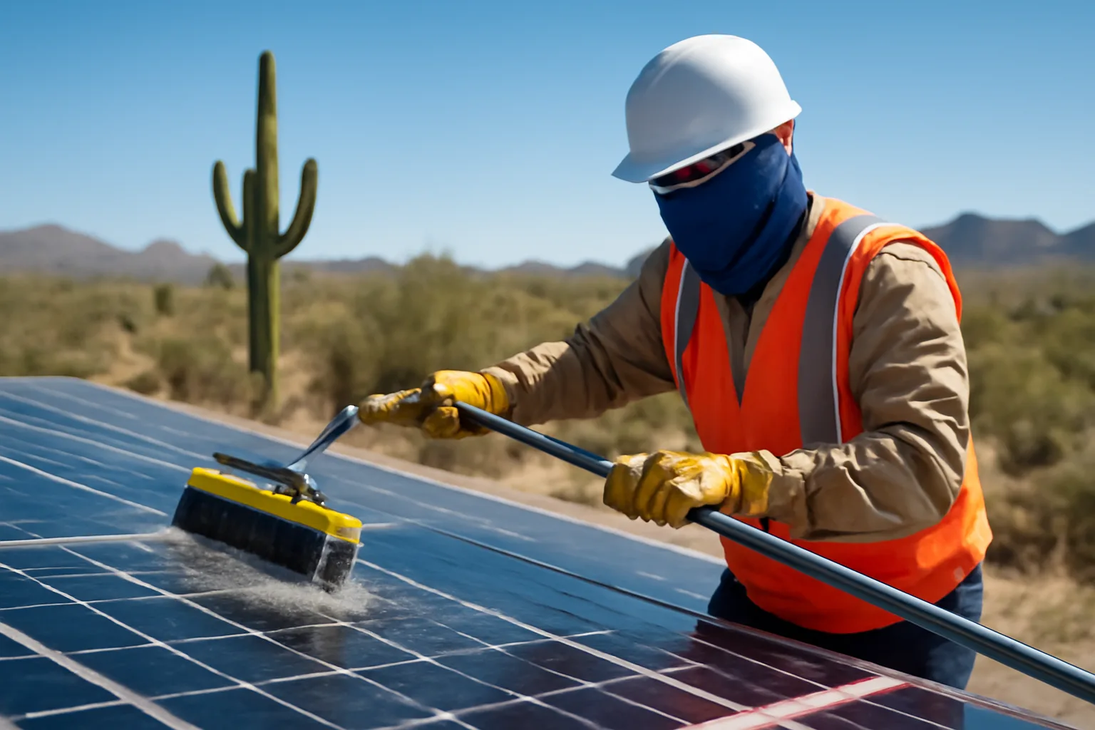 Solar panel cleaner working on a residential roof in the Arizona desert landscape.