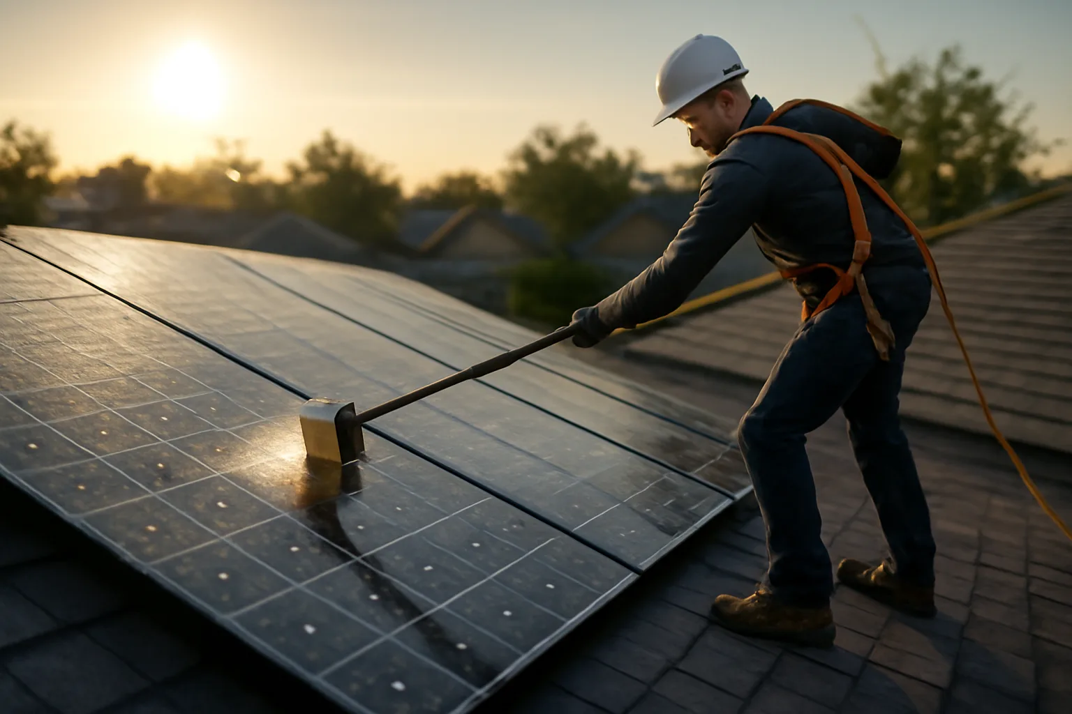 Technician rinsing rooftop solar panels with a water-fed brush at sunrise