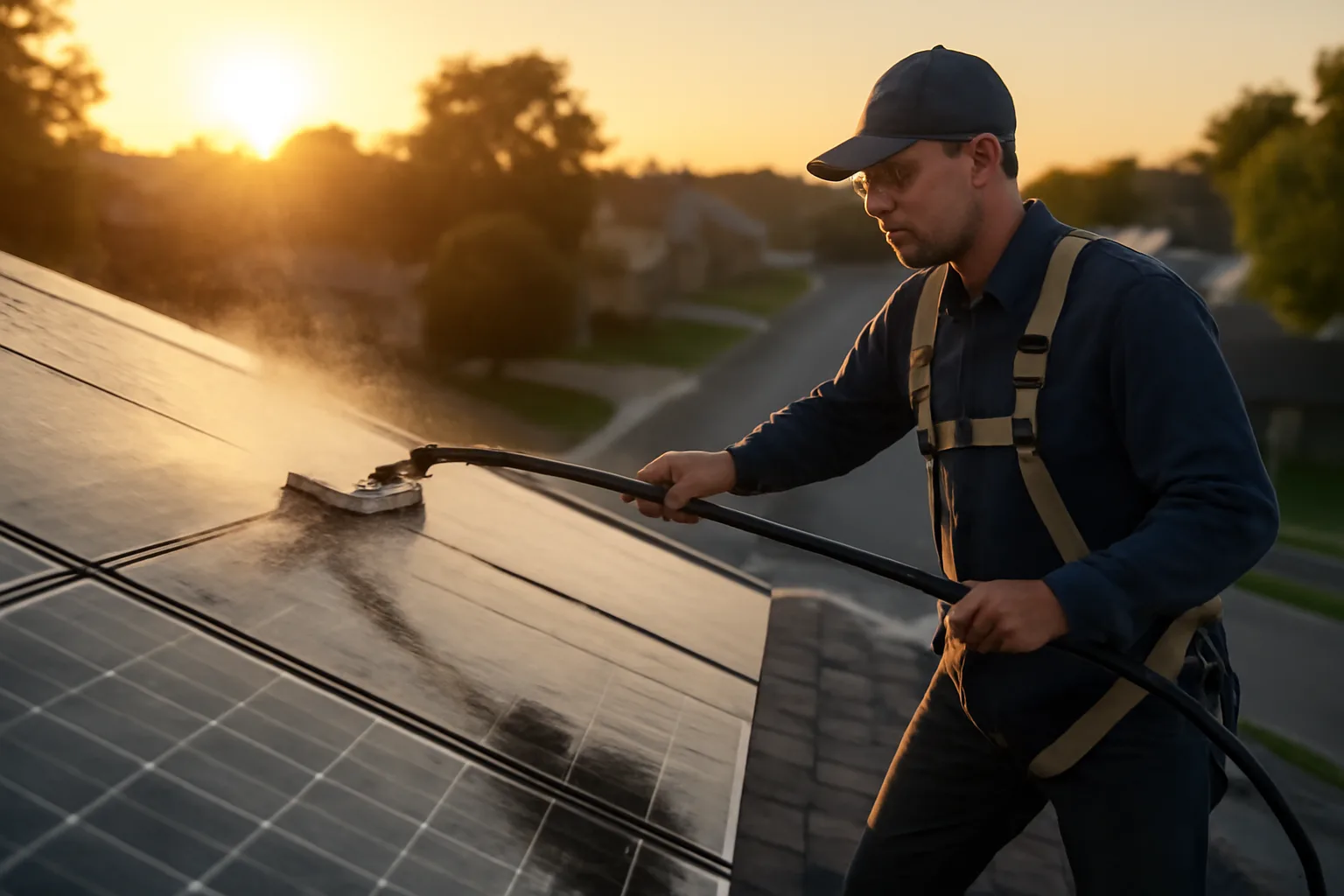 Technician rinses rooftop solar panels with a water-fed brush at sunrise