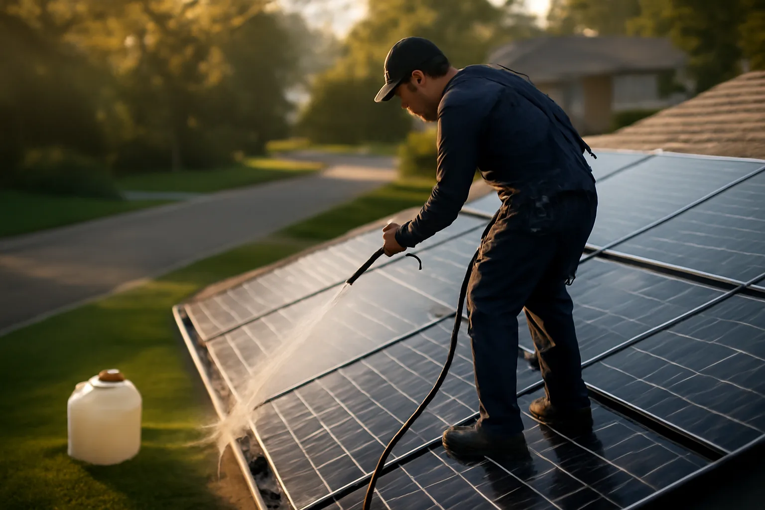 Technician rinsing solar panels on a suburban roof at sunrise