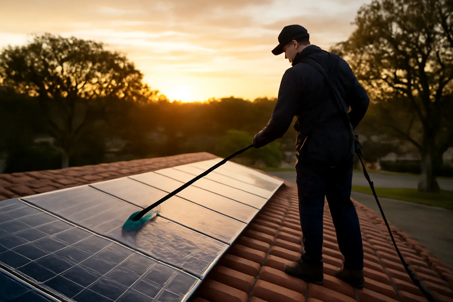 Technician rinsing rooftop solar panels at sunrise with a brush
