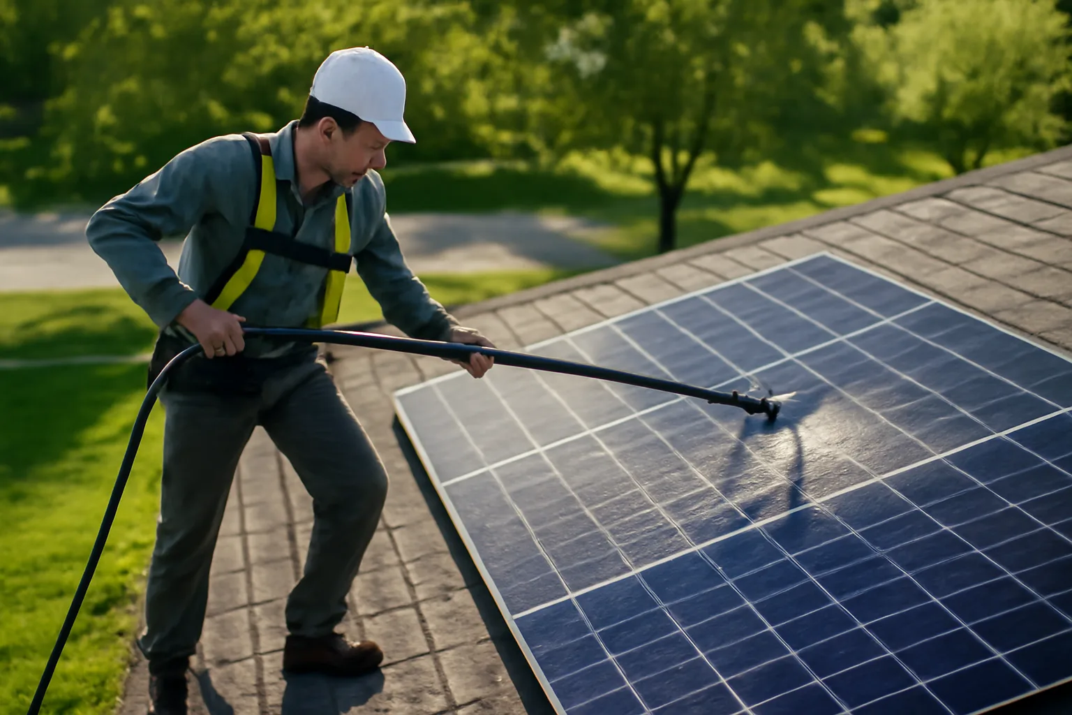 Harnessed worker rinsing rooftop solar panels with a water-fed pole