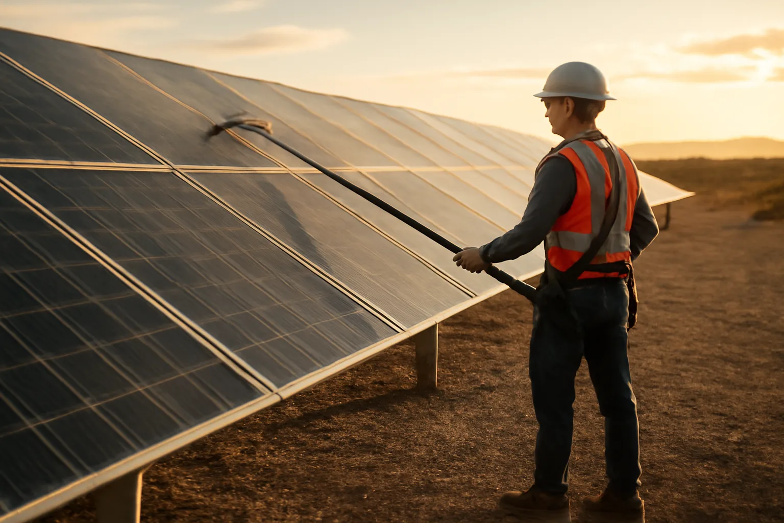 Worker cleaning solar panels with a water-fed pole at dawn