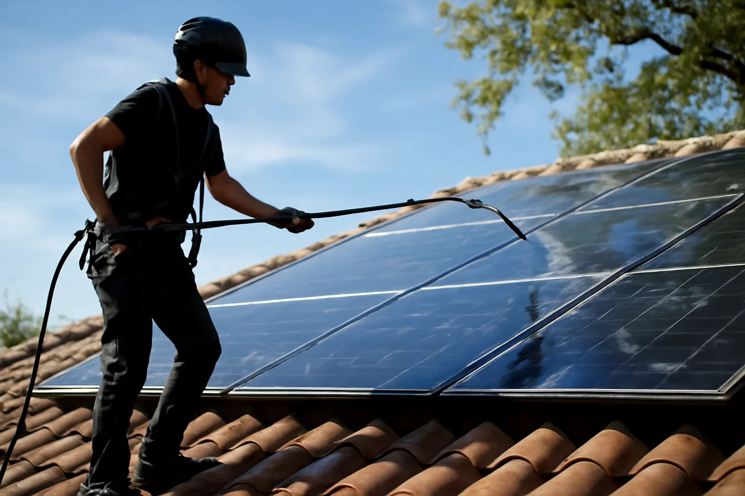 Technician rinses rooftop solar panels with a water-fed pole
