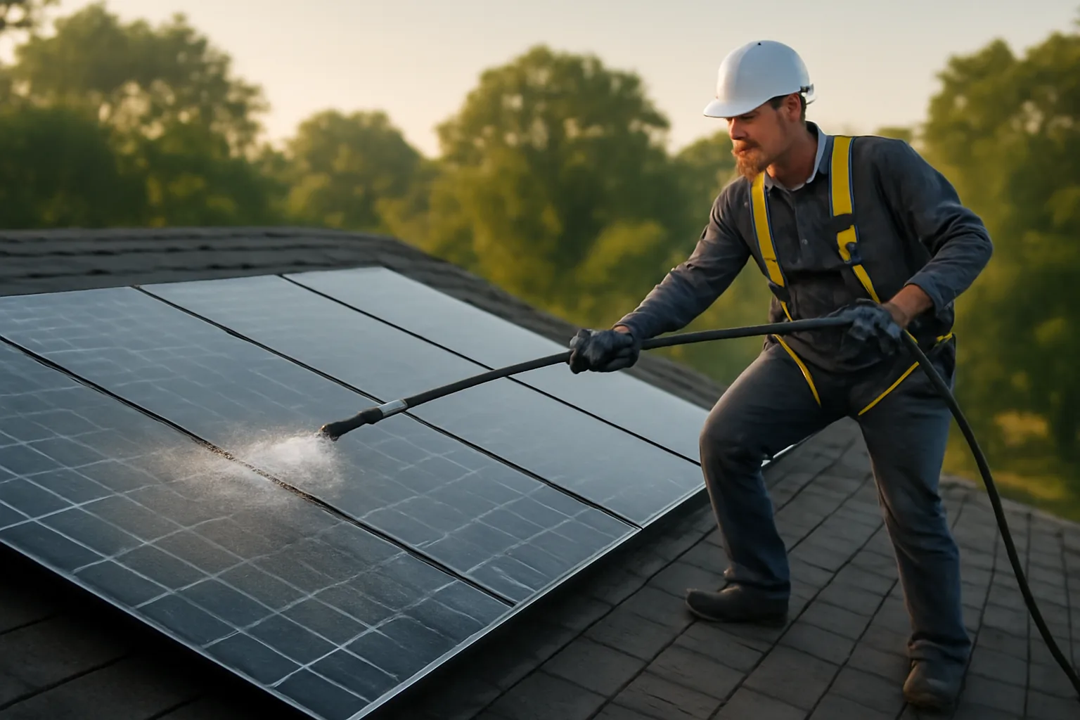 Worker rinses rooftop solar panels with a water-fed pole
