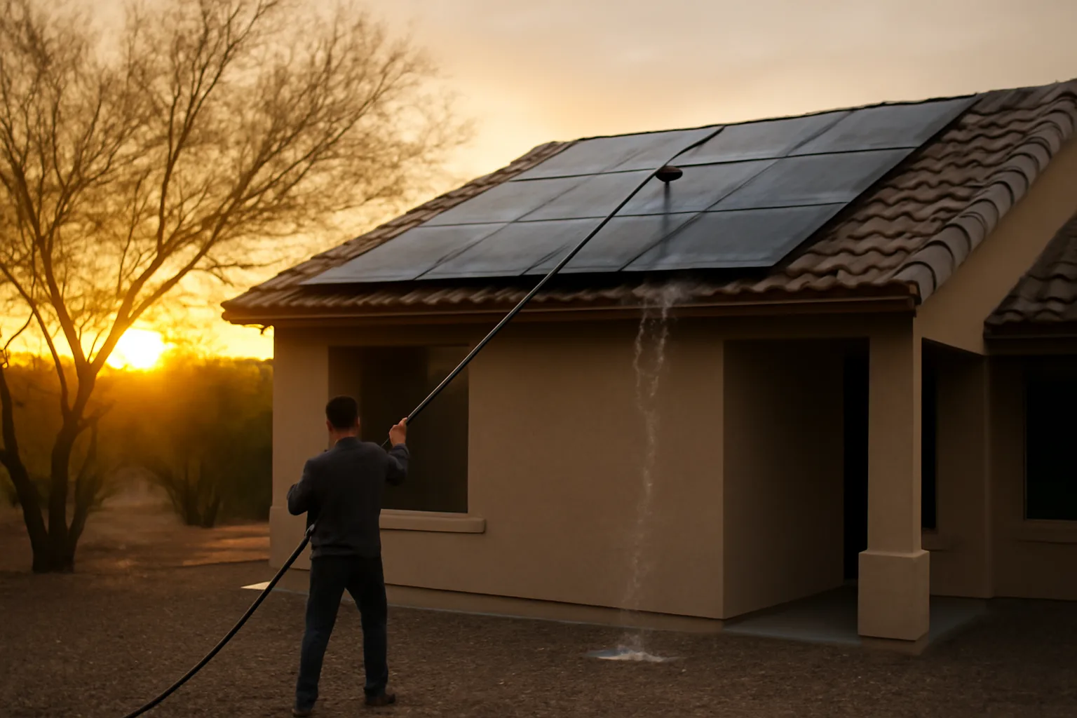 Worker rinses rooftop solar panels from the ground at sunrise