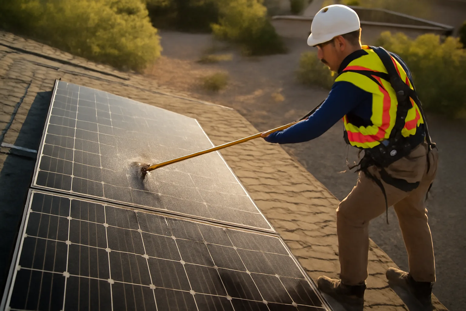 Harnessed worker rinsing rooftop solar panels with a water-fed brush