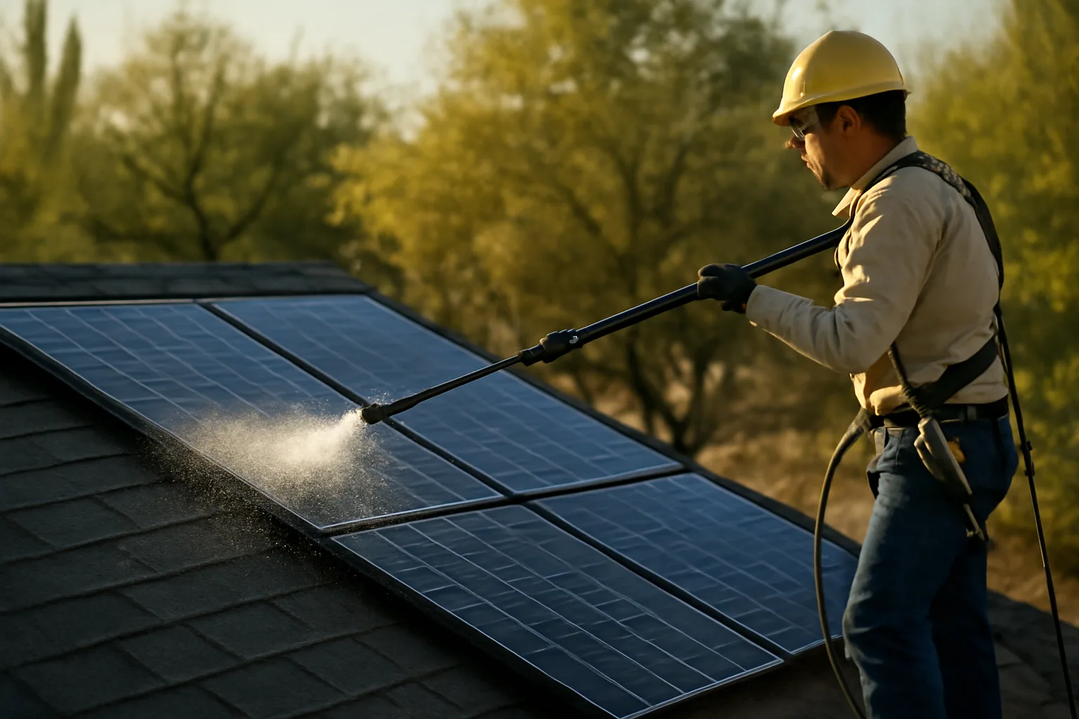 Worker rinses rooftop modules during solar panel cleaning at sunrise