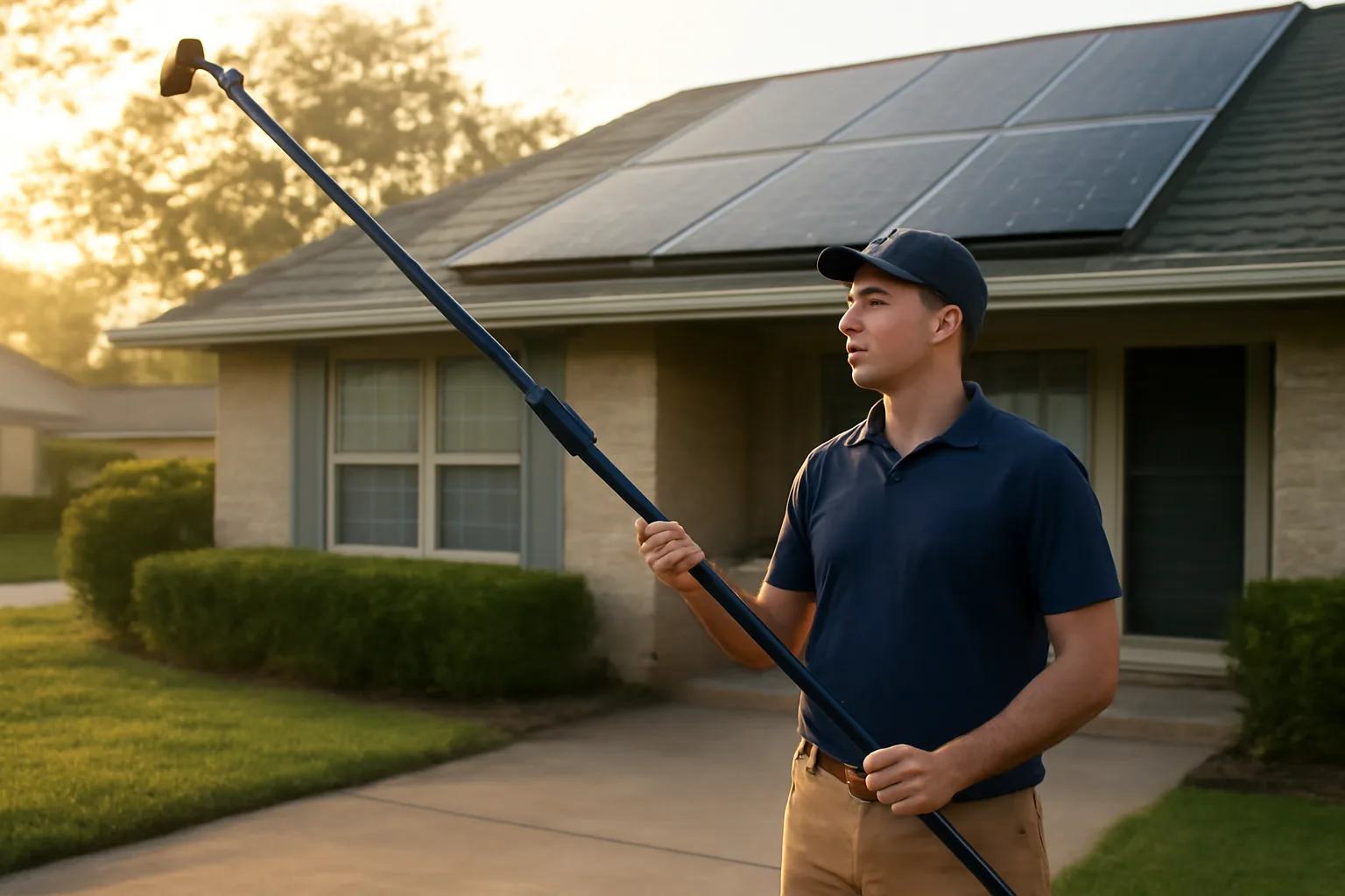 Man with water-fed pole preparing to clean solar panels on a Birmingham home.