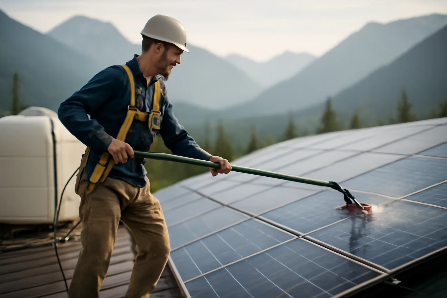 Worker cleaning residential solar panels on an Alaskan rooftop in summer with mountain backdrop