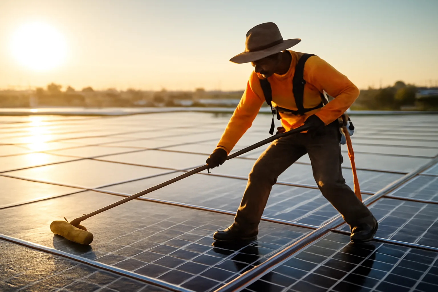 Worker cleaning solar panels on an Arizona rooftop at sunrise.
