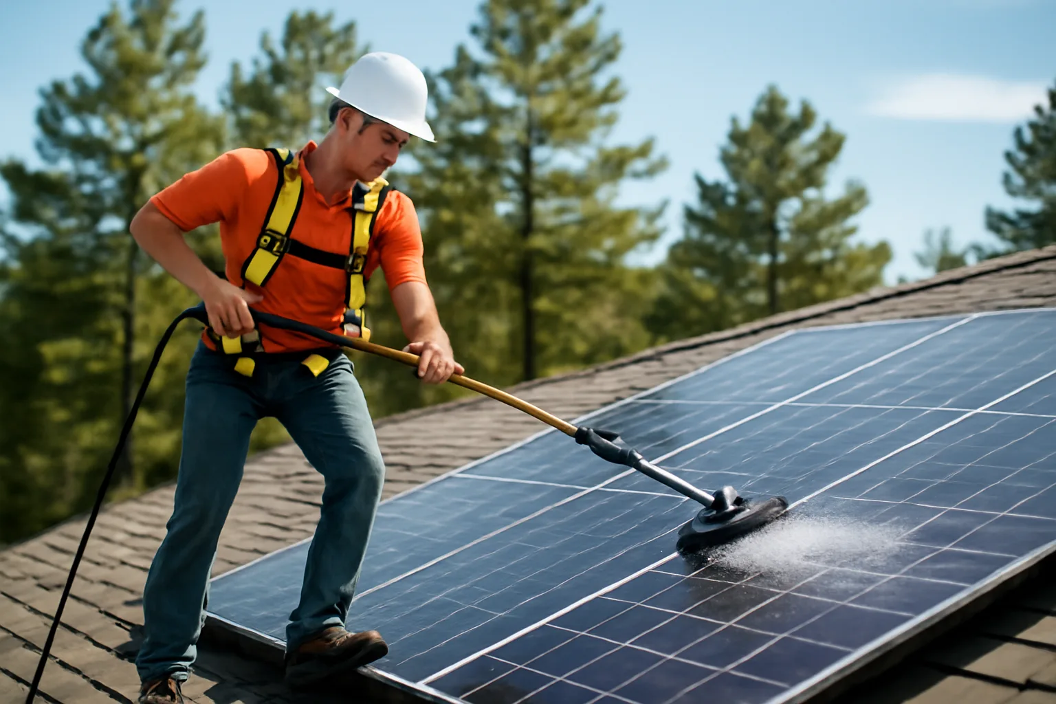 Solar panel cleaner using water-fed pole on an Arkansas home roof