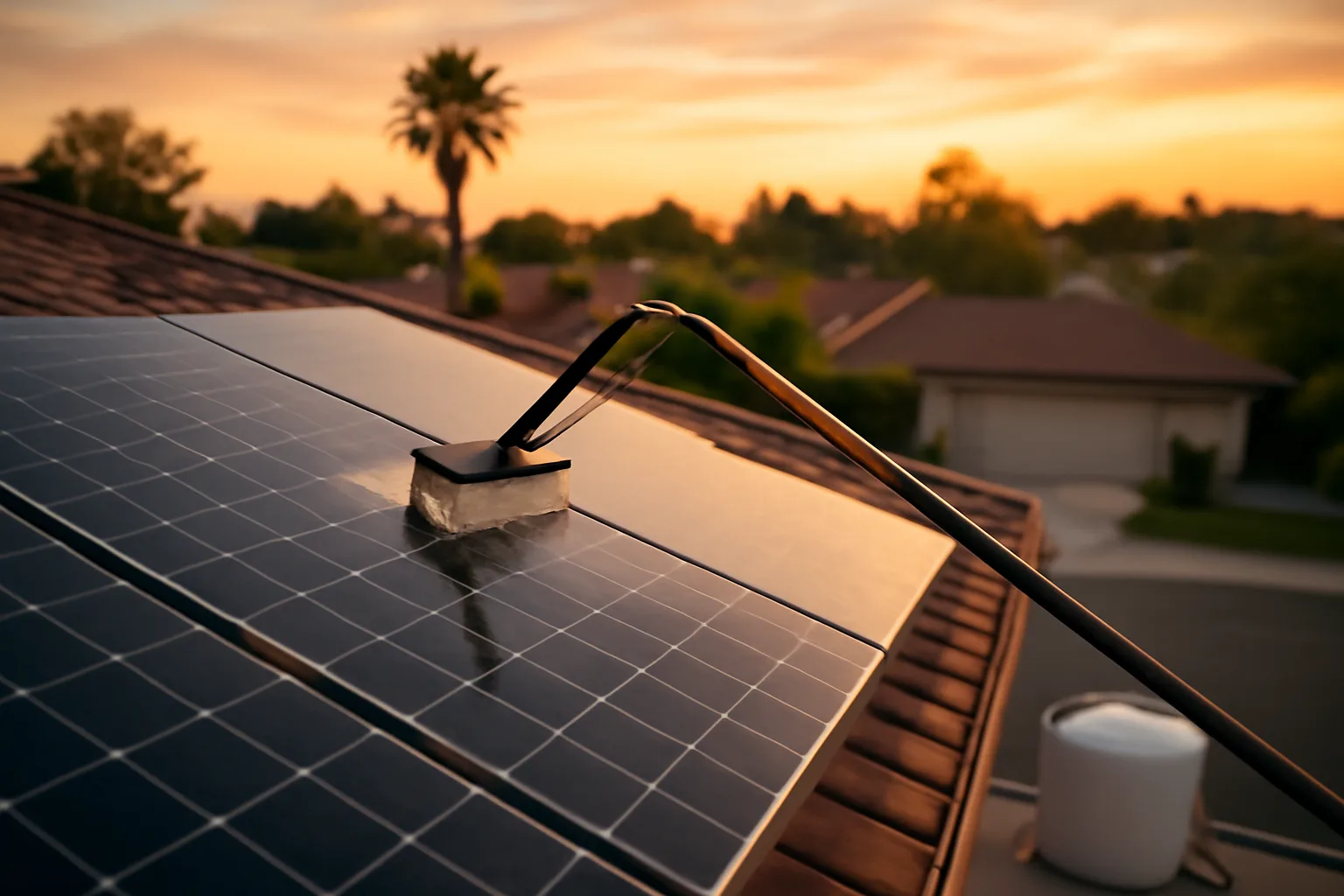 Water-fed pole reaching over solar panels on a California roof at sunset, DI tank in driveway