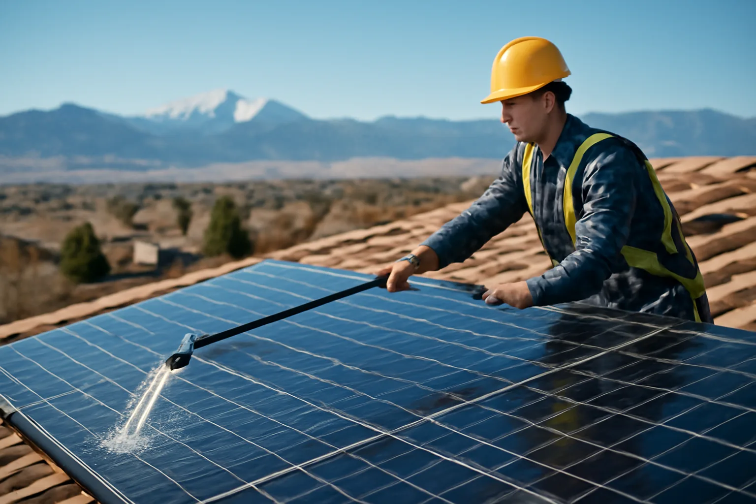 Solar panel cleaner using a water-fed pole on a Colorado residential rooftop