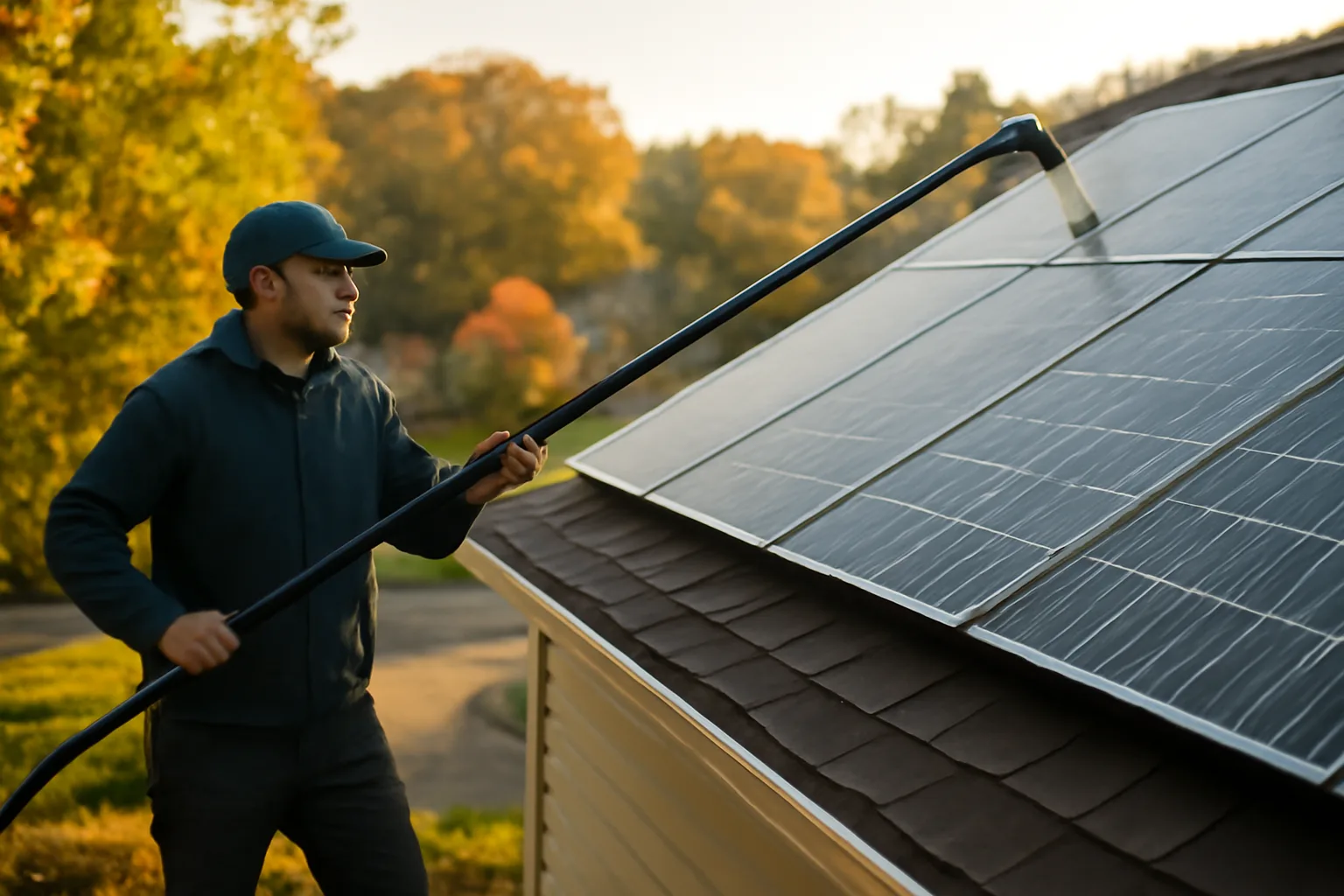 Solar panel cleaning technician using water-fed pole on Connecticut residential rooftop array
