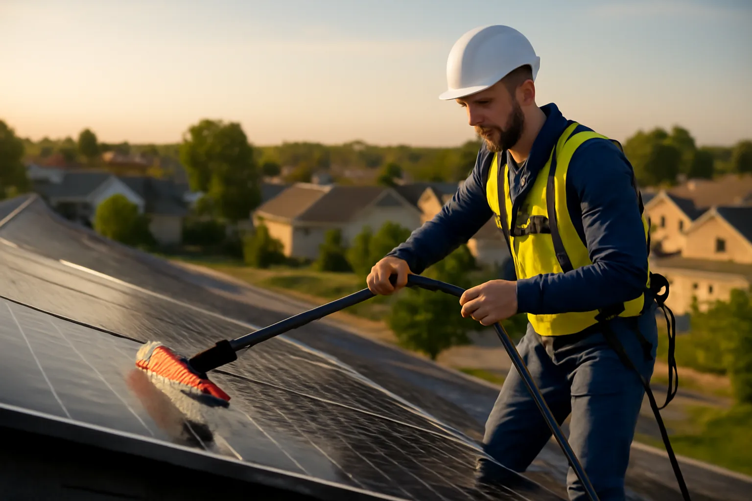 Technician with water-fed pole cleaning solar panels on a Delaware rooftop in morning light