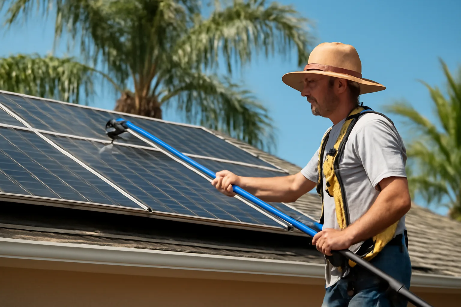 Solar panel cleaning professional using water-fed pole on a Florida home
