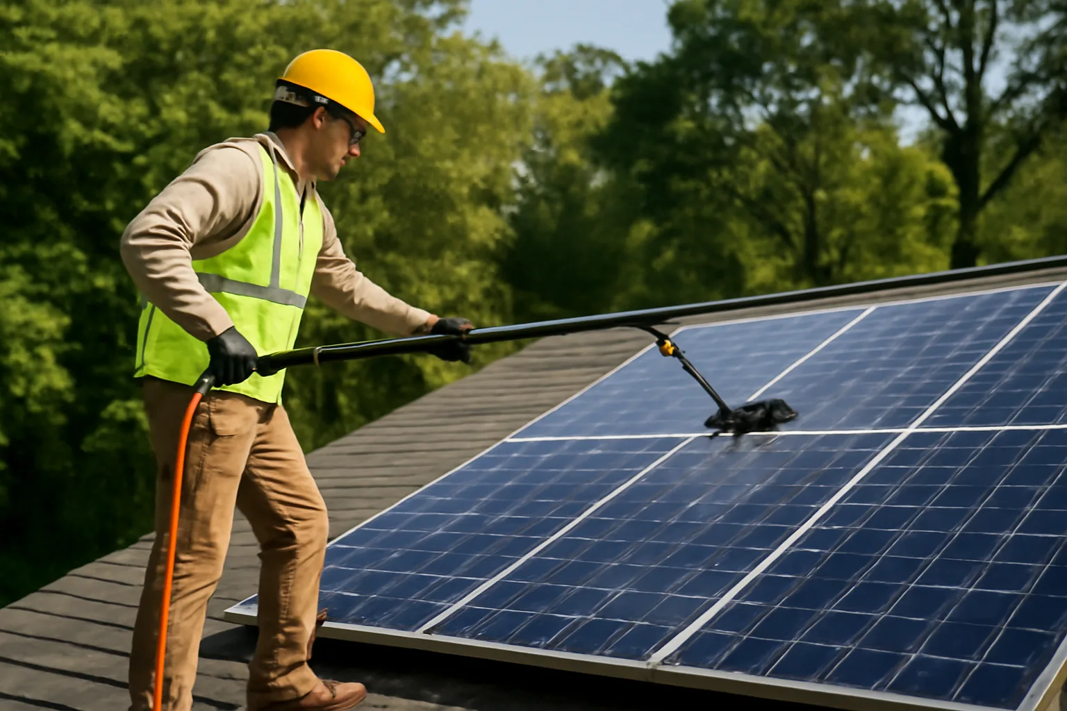 Worker cleaning solar panels on a Georgia home with a water-fed pole.