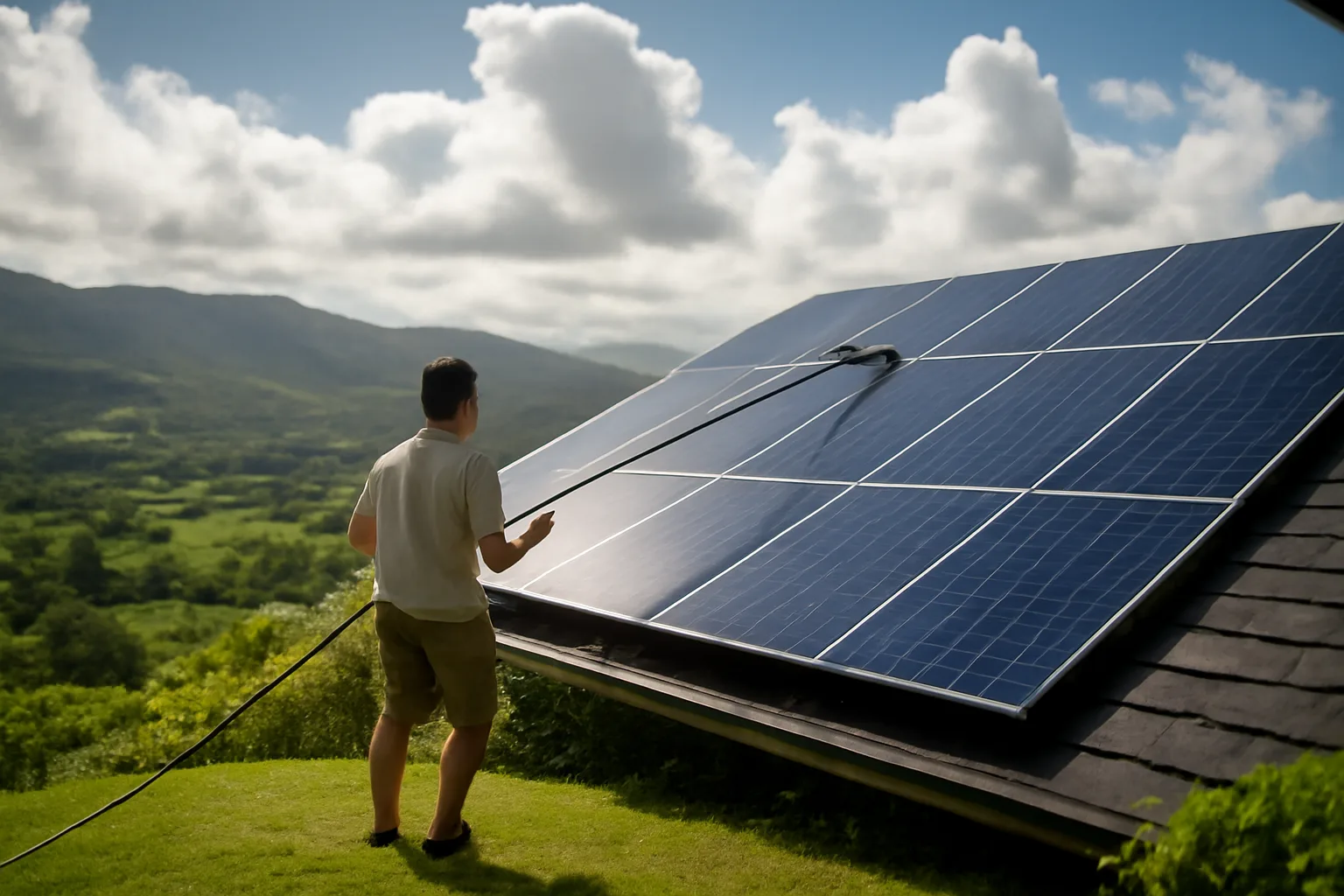 Worker cleaning solar panels on a residential Hawaii roof from the lawn