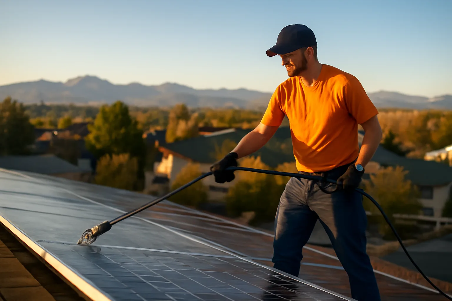 Technician cleaning rooftop solar panels on a Colorado home in morning light