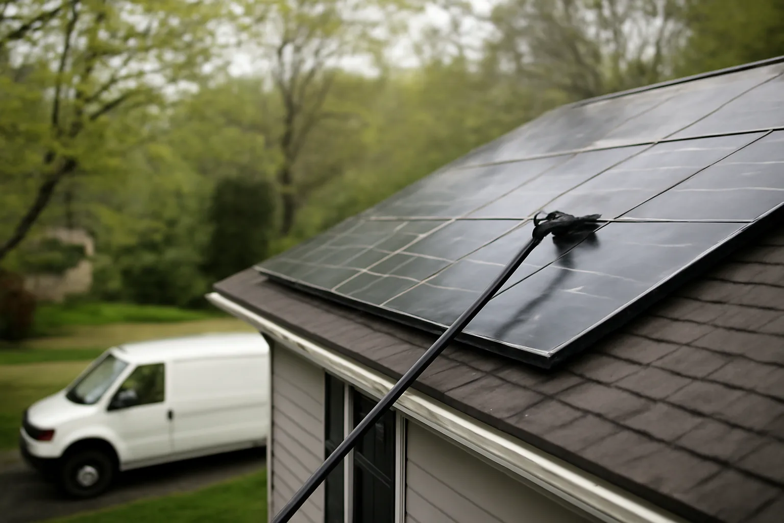 Water-fed cleaning pole beside residential rooftop solar panels in Connecticut suburb