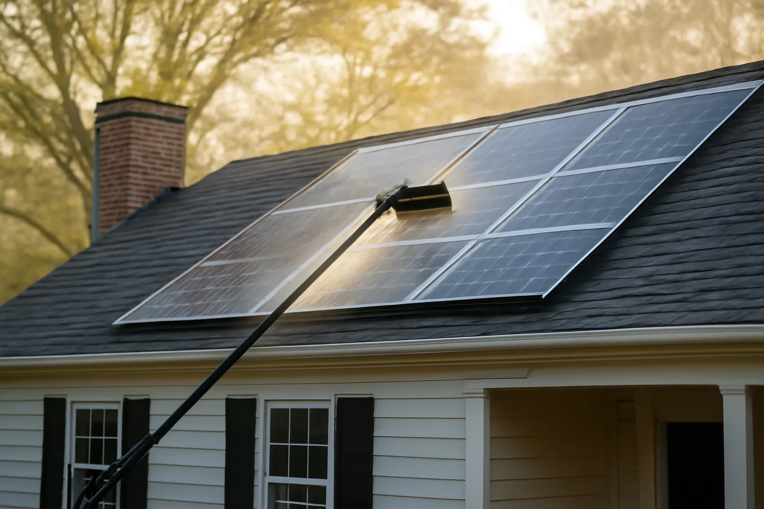 Solar panel being cleaned with a water-fed pole on a Delaware residential roof in morning light