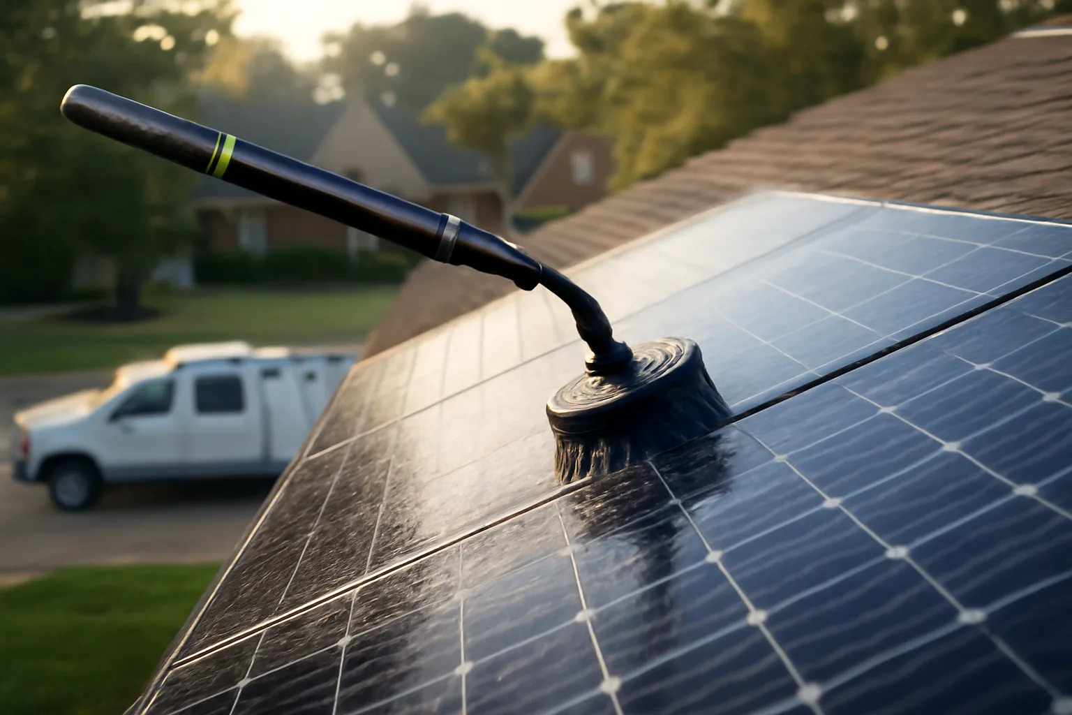 Water-fed pole cleaning brush on solar panels in an Alabama residential neighborhood