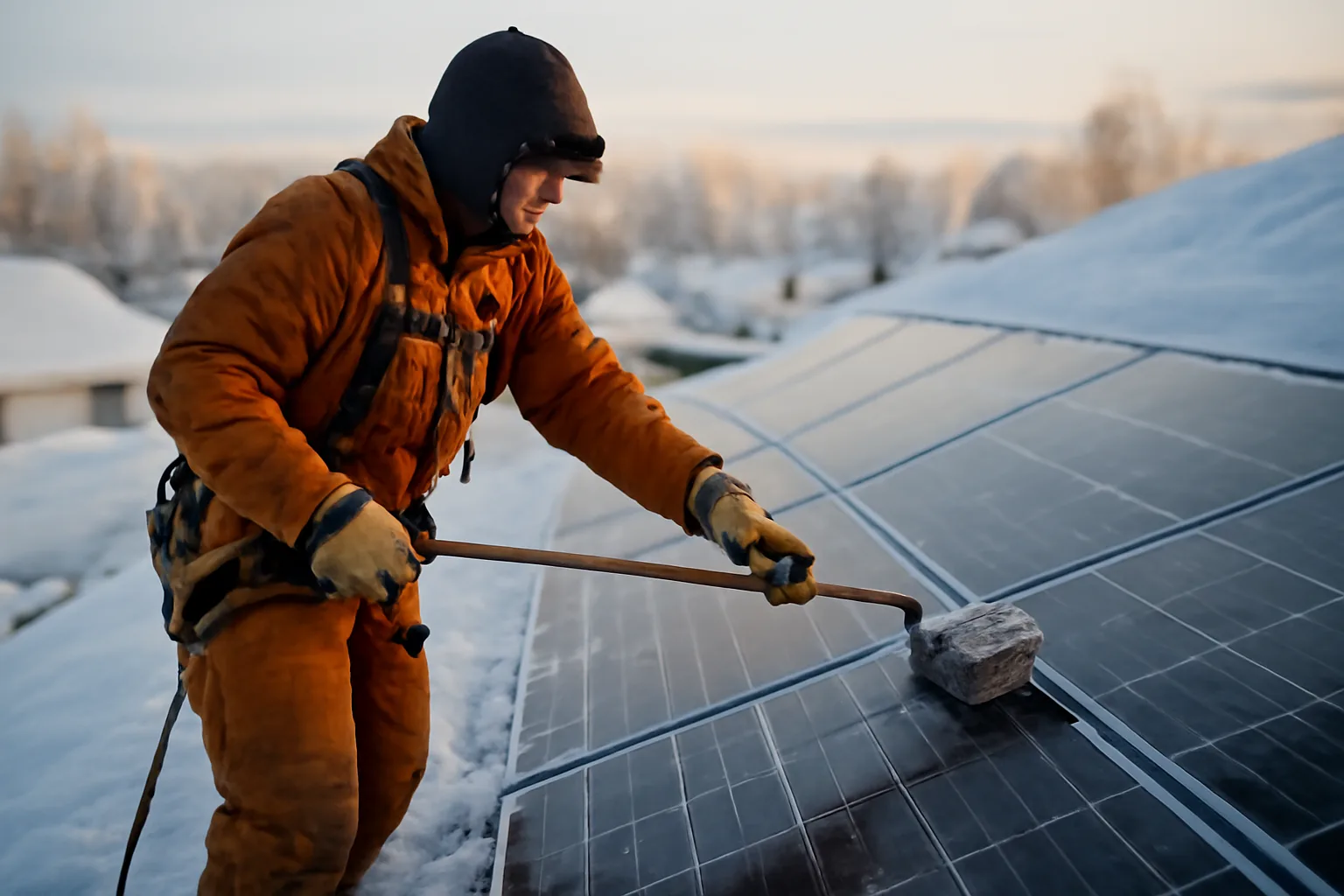 Worker cleaning solar panels on a snowy Alaska roof with safety gear.