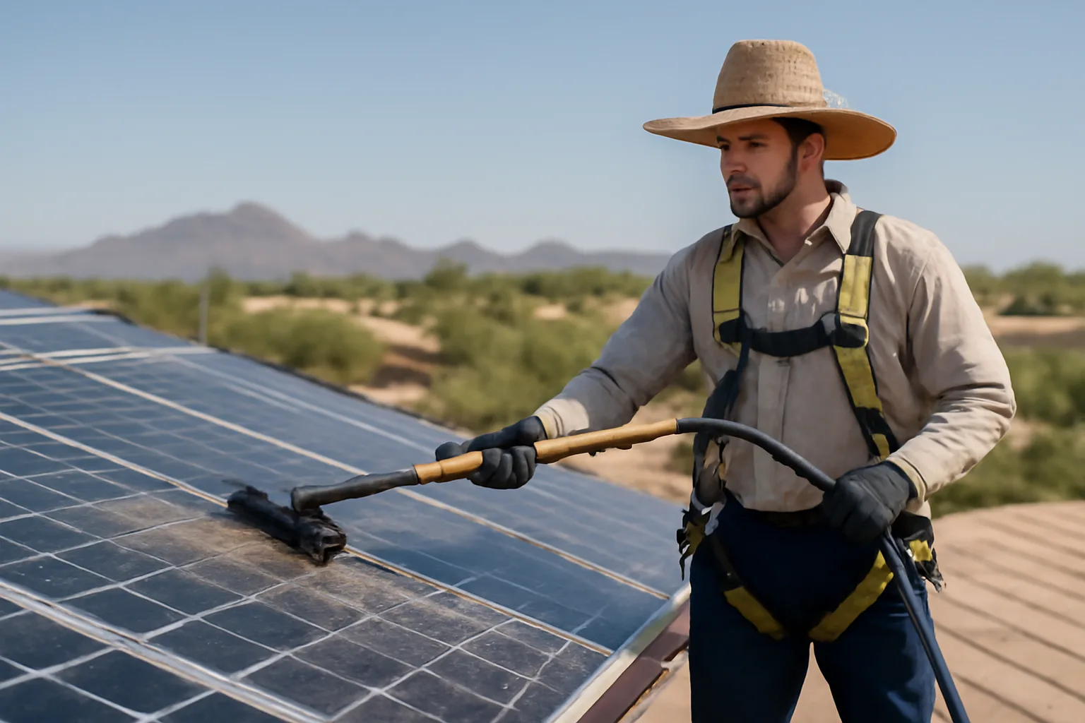 Technician cleaning rooftop solar panels with water-fed pole in Scottsdale, Arizona