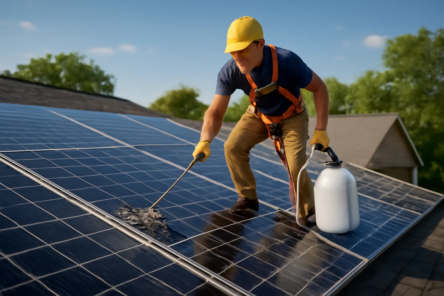 Worker cleaning solar panels on an Arkansas home roof with safety harness and deionized water equipment.