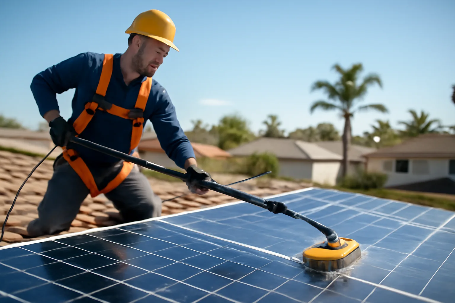 Technician cleaning solar panels on a California roof with water-fed brush