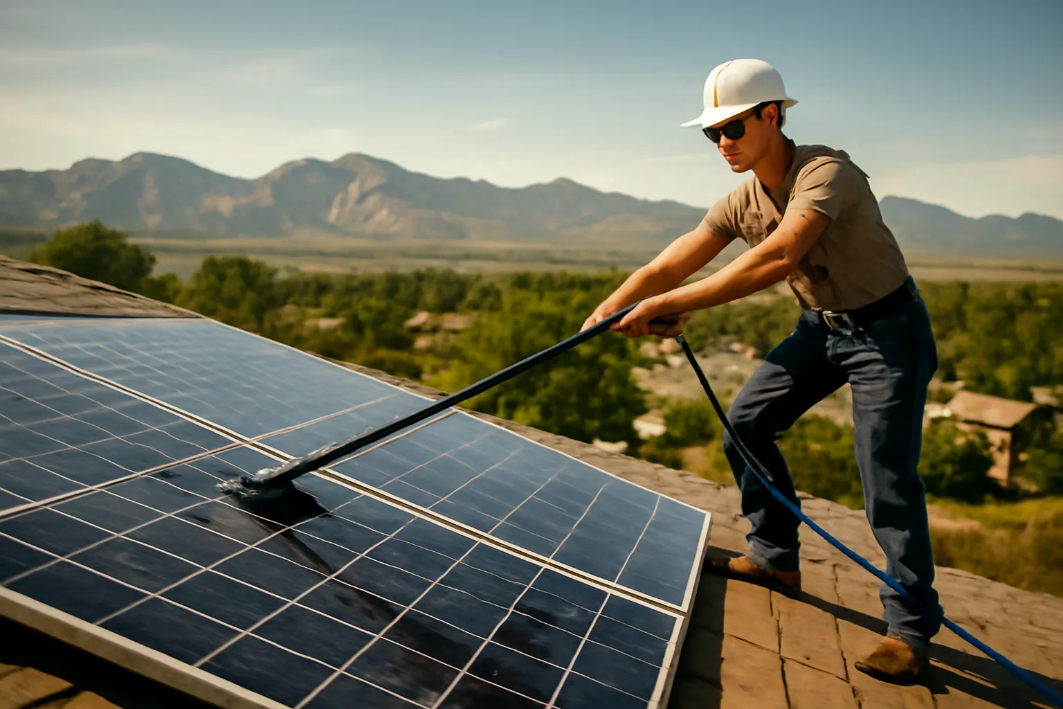 Technician cleaning solar panels on a Colorado residential rooftop with mountains in background