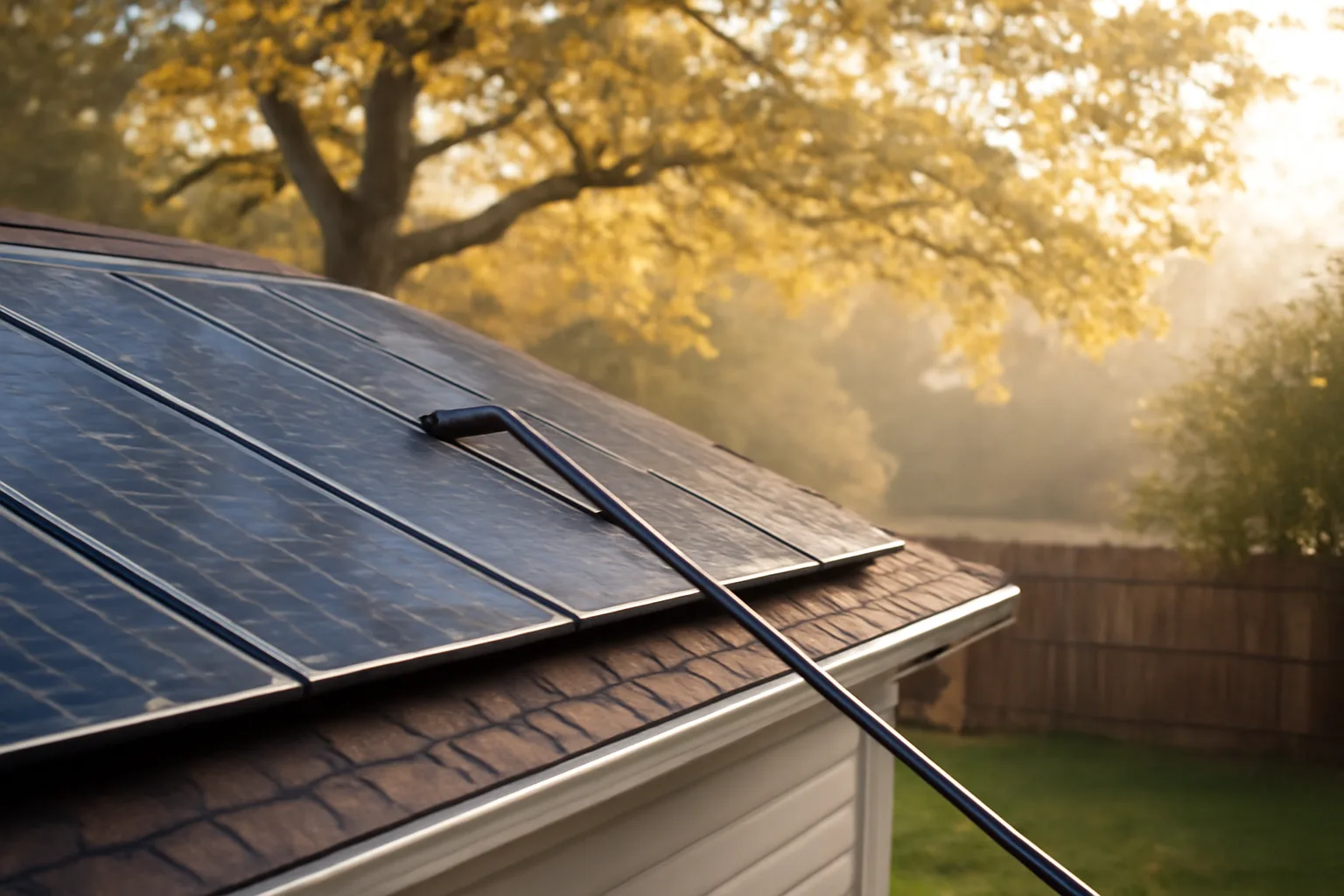 Solar panels on a Connecticut suburban roof being cleaned with a water-fed pole on a clear morning