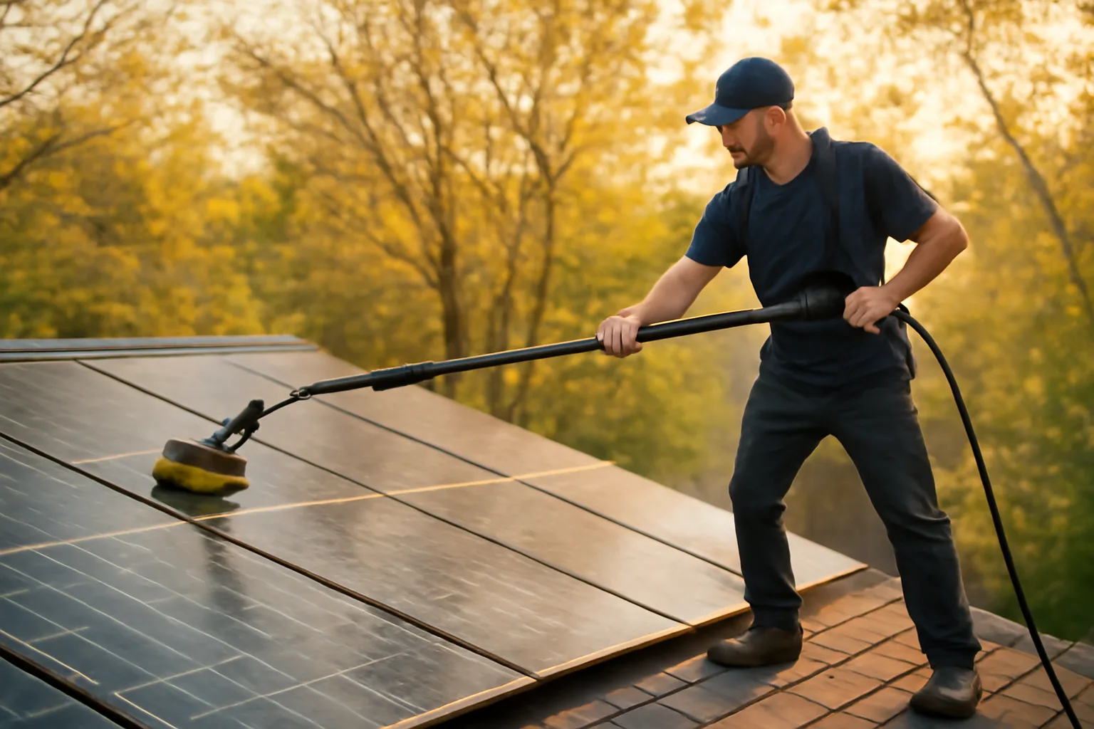 Technician cleaning rooftop solar panels with a water-fed pole in Delaware suburbs