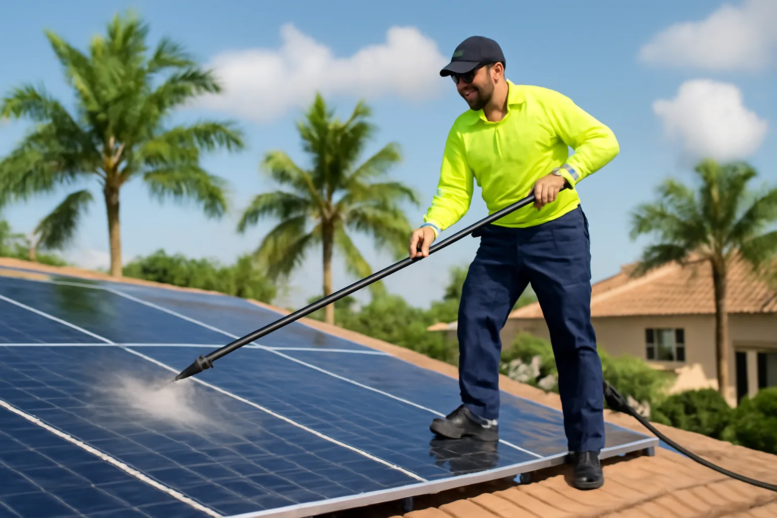 Worker cleaning residential solar panels with water-fed pole from ground in Florida suburb