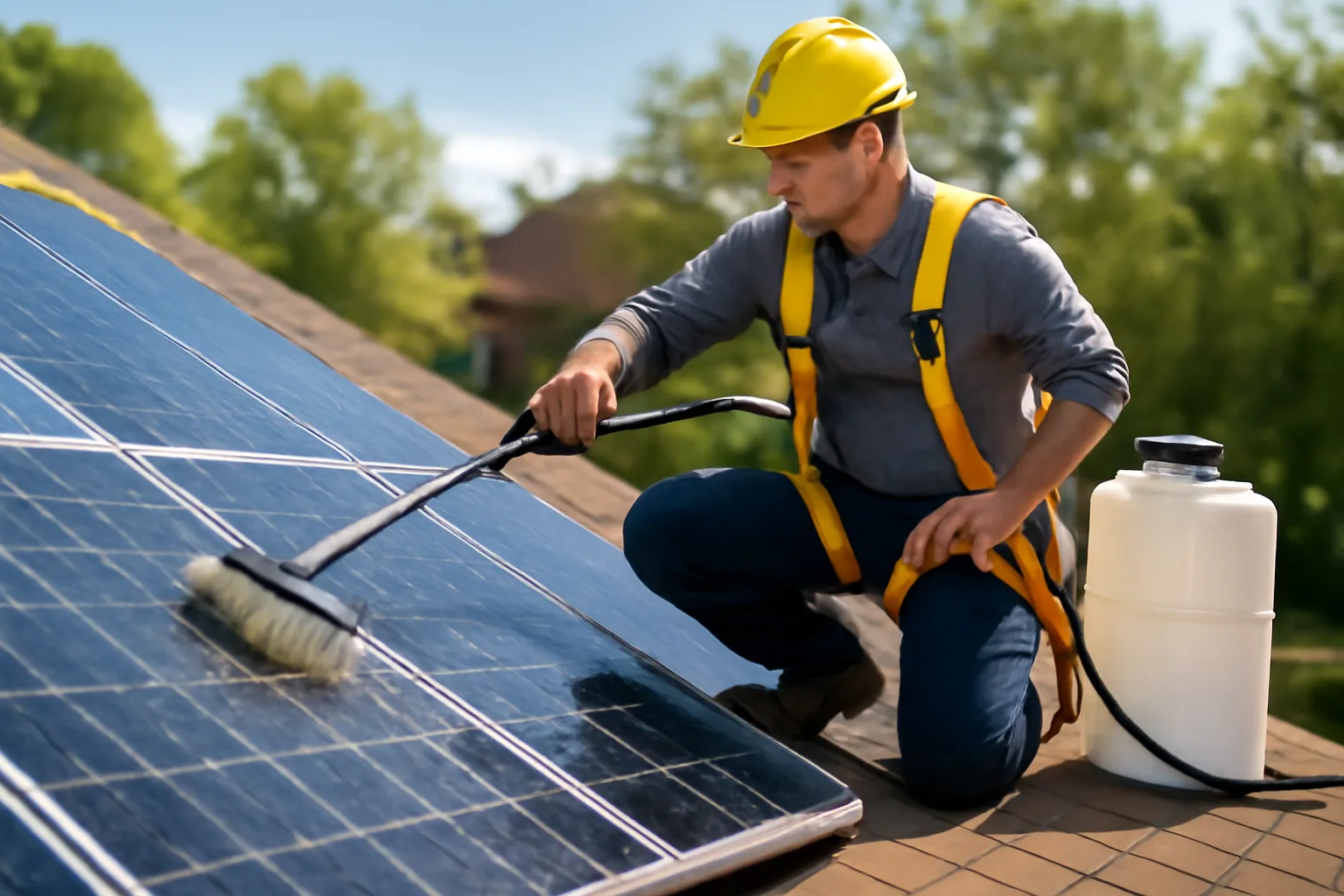 Solar panel cleaner on a Georgia roof removing pollen with deionized water